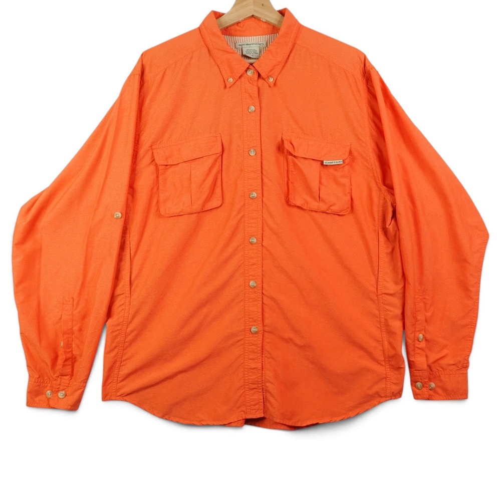 ExOfficio Womens Fishing Shirt L Orange Vented Roll Tab Hiking Travel Gorpcore